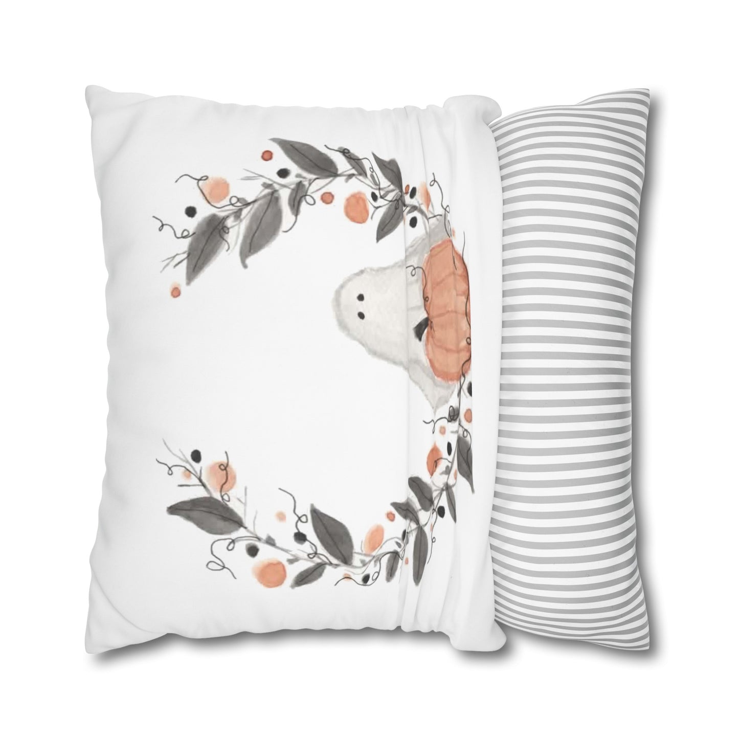 Halloween Watercolor Ghost Wreath Square Poly Canvas Pillow Cover - Pillow Not Included -