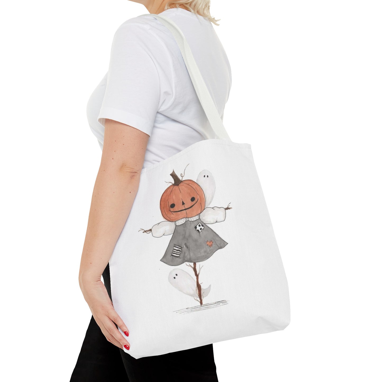 Halloween Watercolor Pumpkin Girl Scarecrow Tote Bag