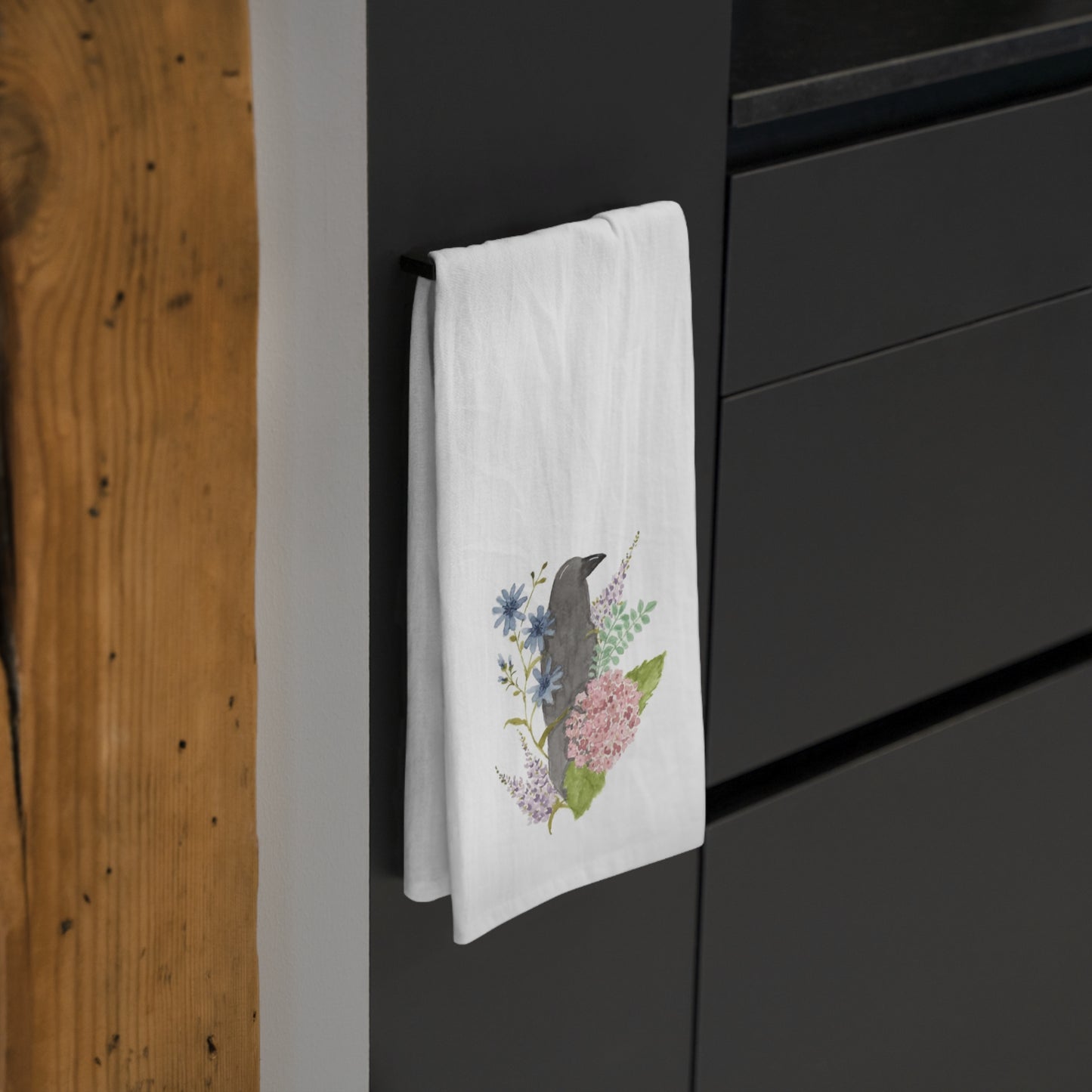 Watercolor Floral Raven Tea Towel