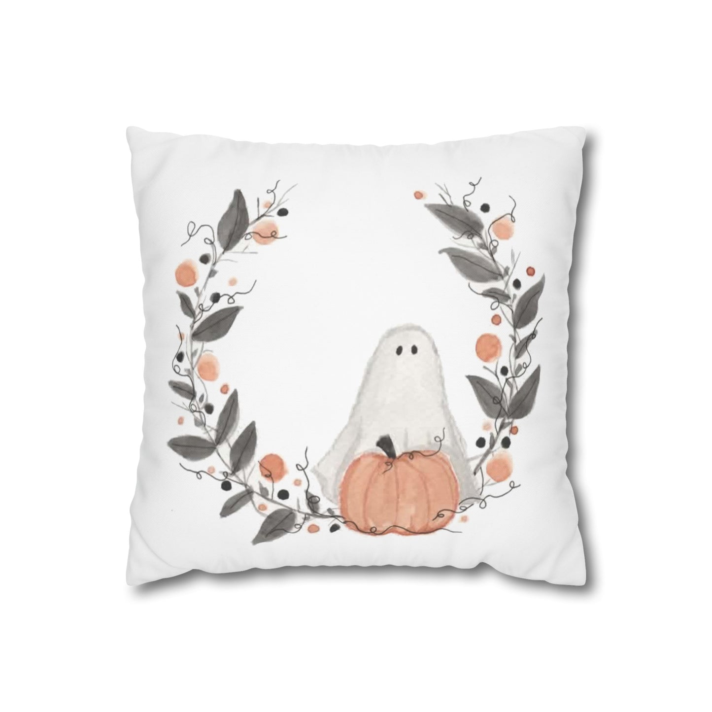 Halloween Watercolor Ghost Wreath Square Poly Canvas Pillow Cover - Pillow Not Included -