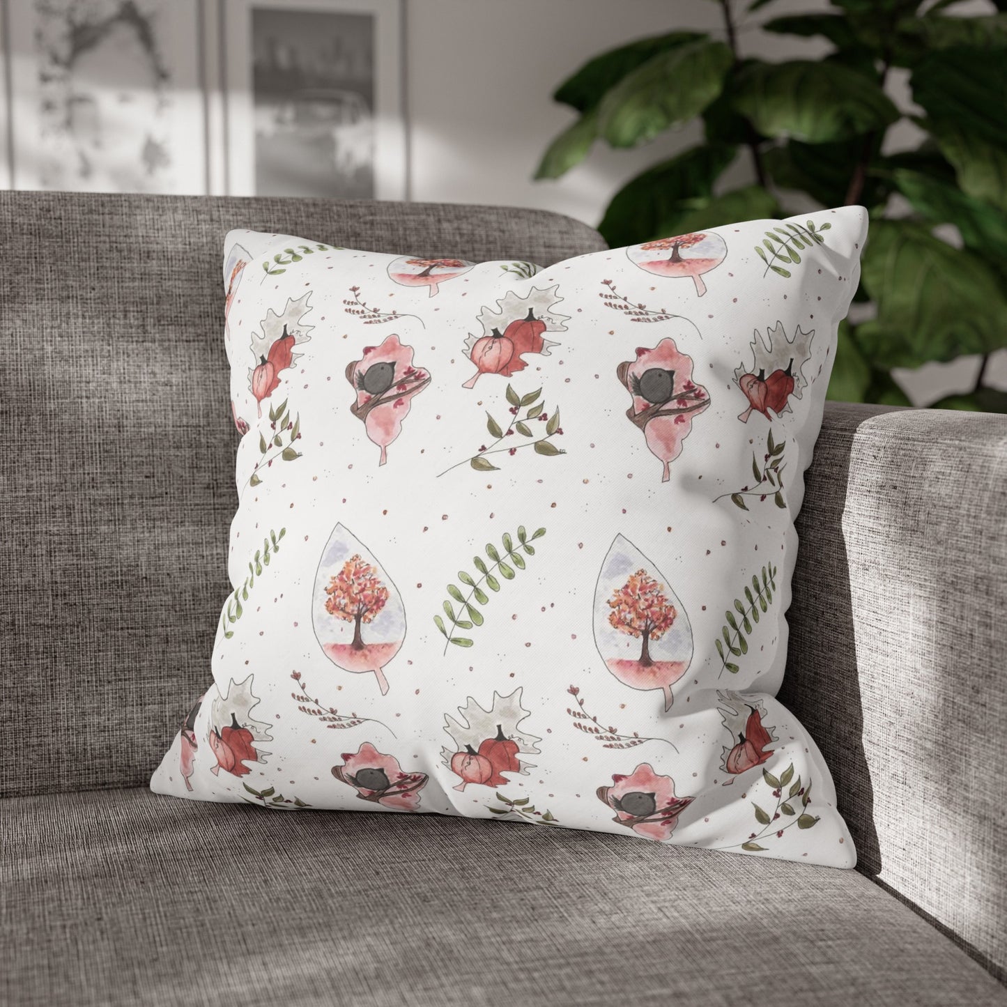 Halloween Watercolor Fall Pattern Square Poly Canvas Pillow Cover - Pillow Not Included -