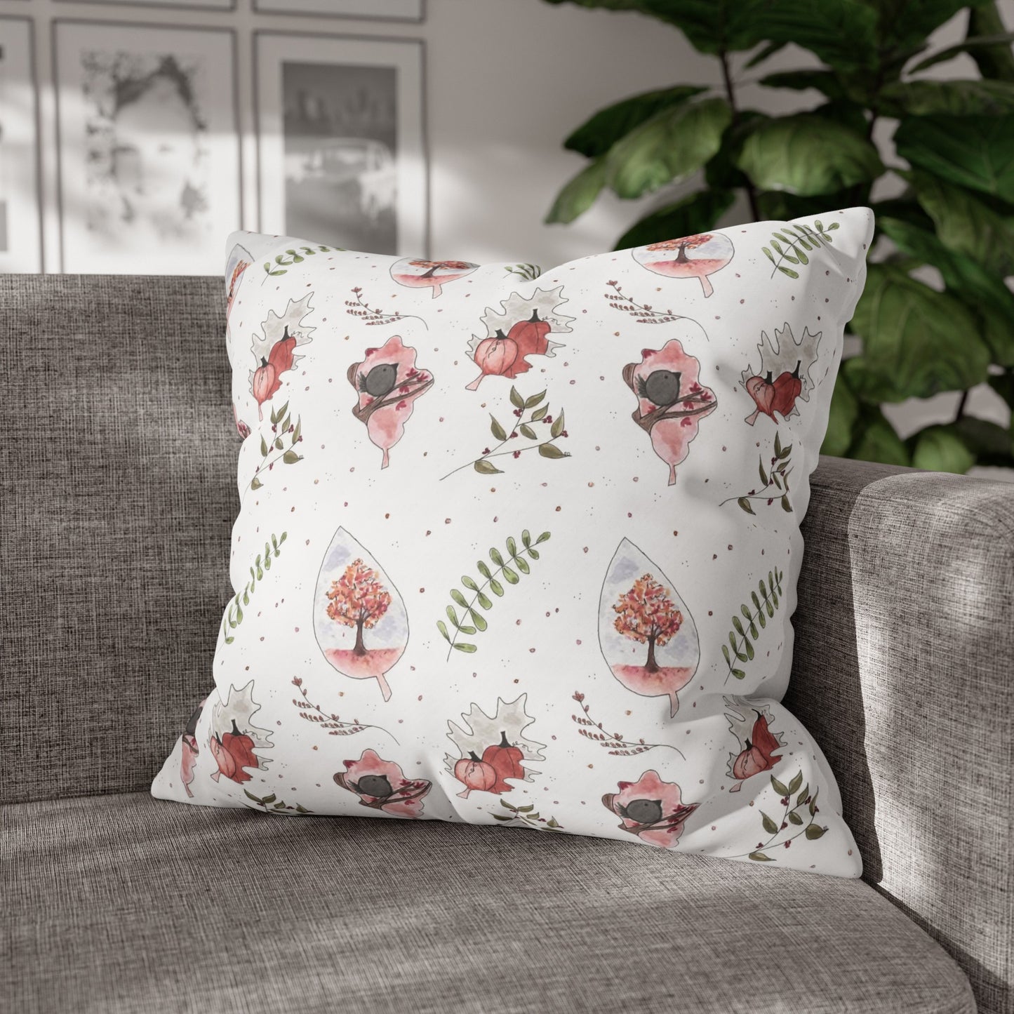 Halloween Watercolor Fall Pattern Square Poly Canvas Pillow Cover - Pillow Not Included -