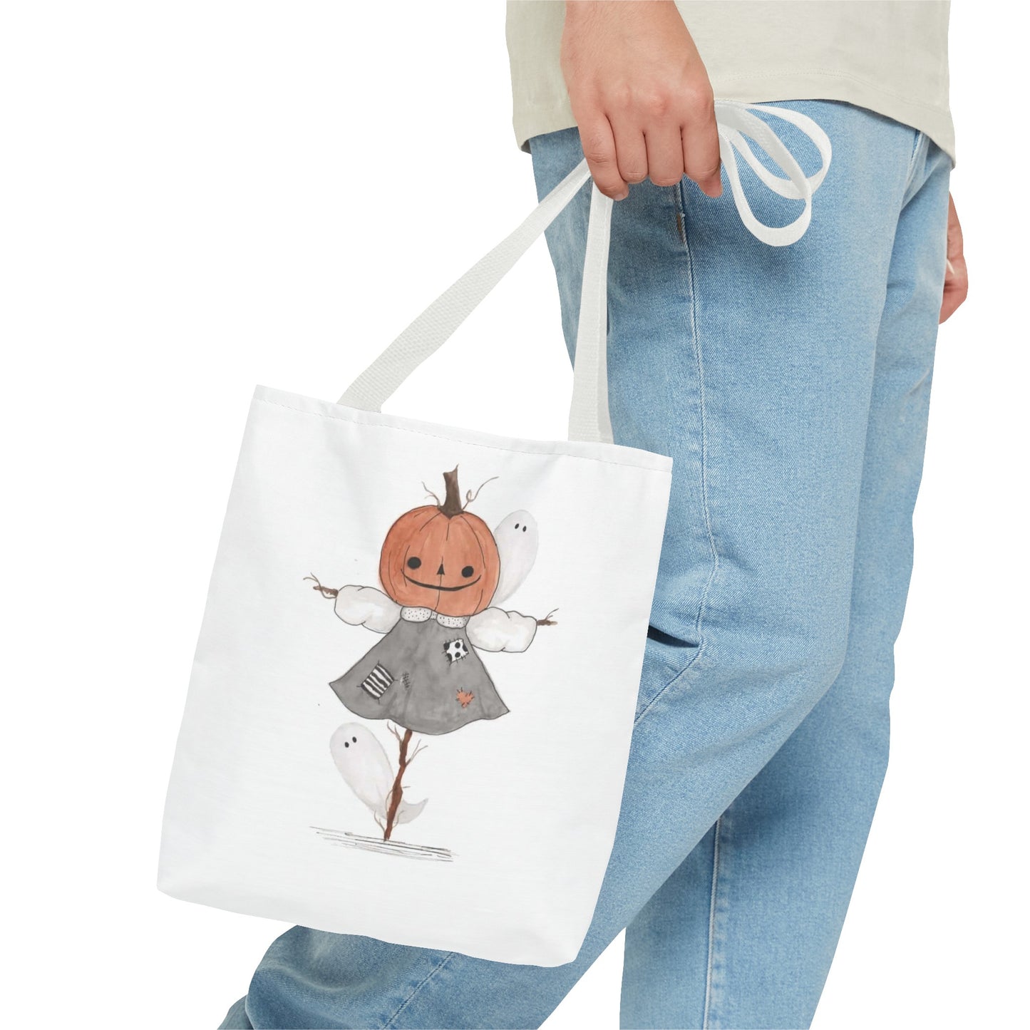 Halloween Watercolor Pumpkin Girl Scarecrow Tote Bag