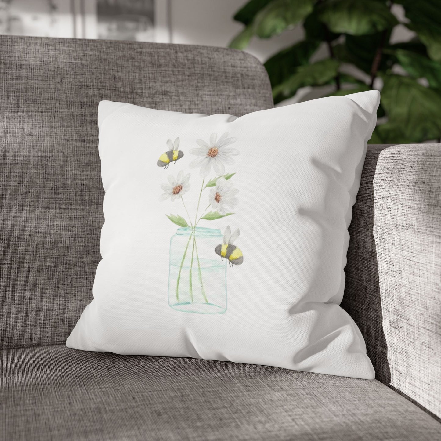 Watercolor Daisies and Bees Square Poly Canvas Pillowcase
