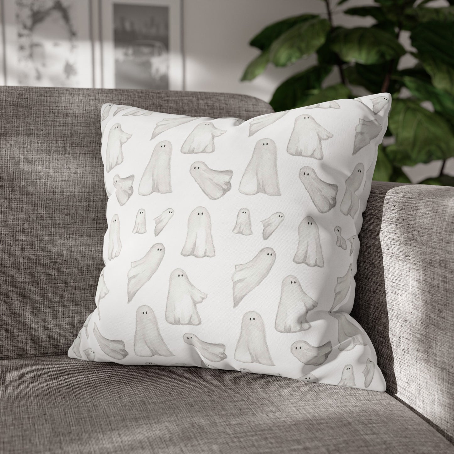 Halloween Watercolor Scattered Ghosts Square Poly Canvas Pillow Cover - Pillow Not Included -
