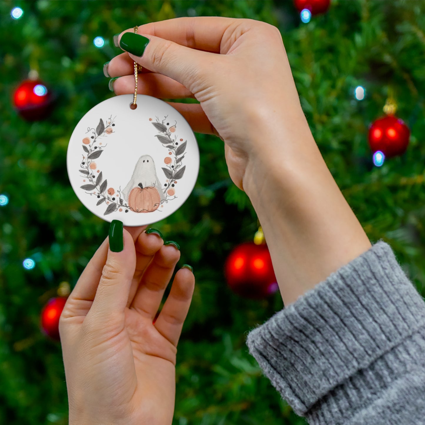 Watercolor Ghost with Wreath Ceramic Ornament