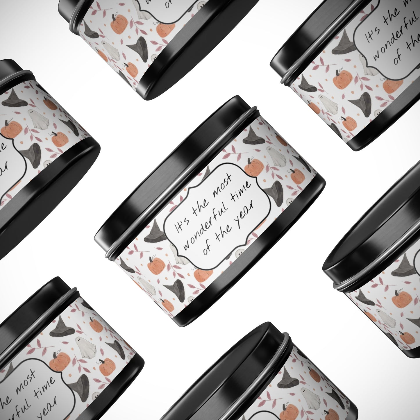 Halloween Watercolor Pattern "Most Wonderful Time of the Year" Tin Candles