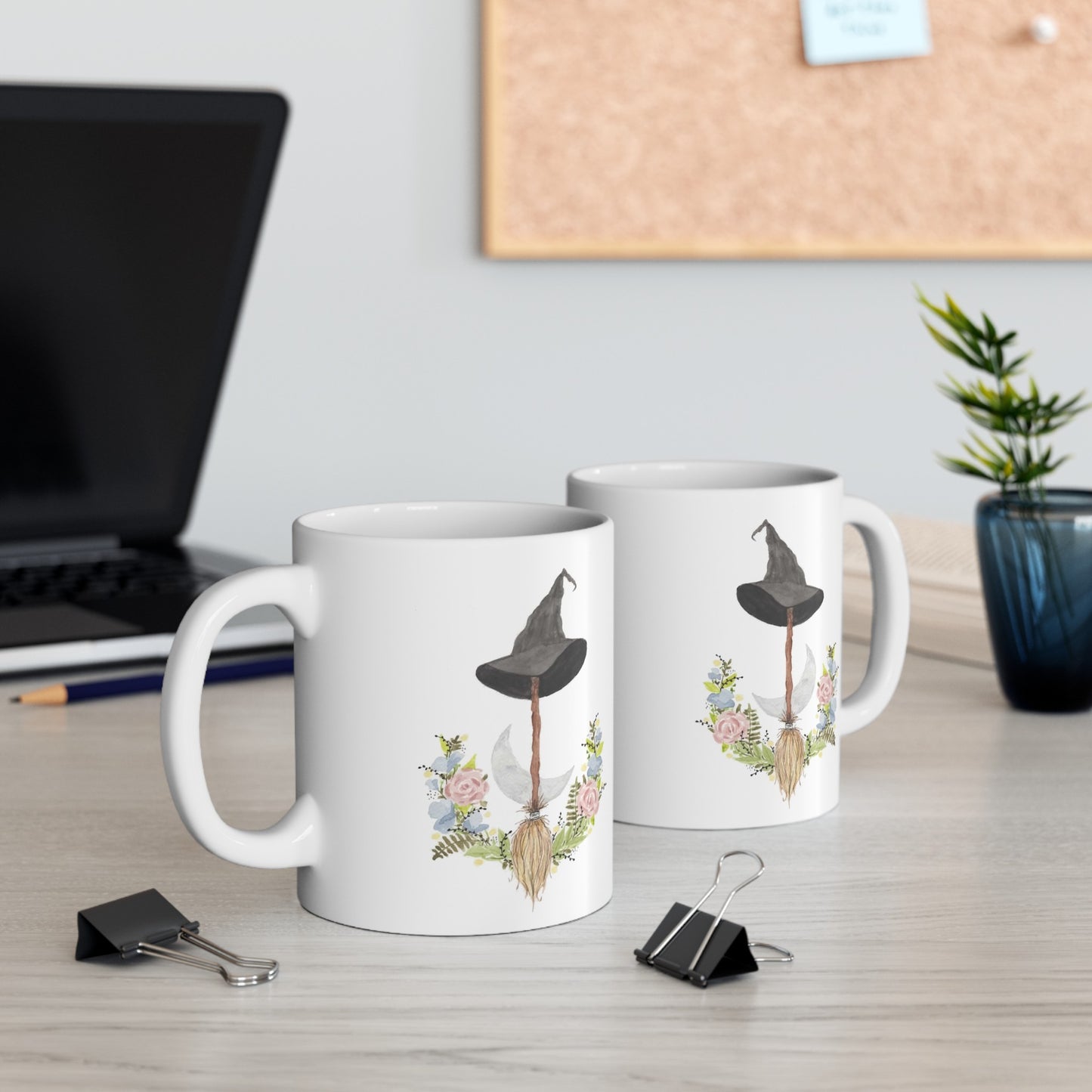 Watercolor Witchy Broomstick Ceramic Mug