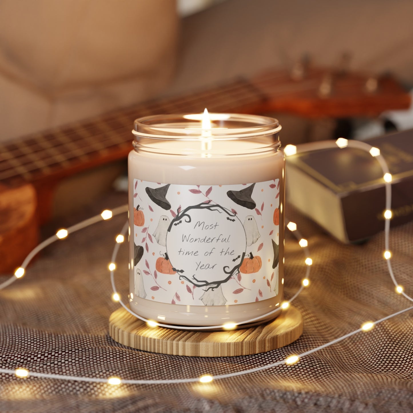 Halloween Watercolor Pattern "Most Wonderful Time of the Year" Scented Soy Candle, 9oz