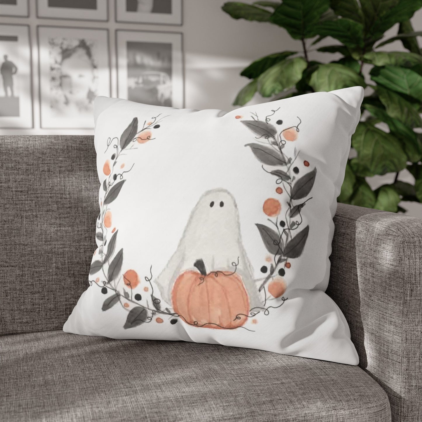 Halloween Watercolor Ghost Wreath Square Poly Canvas Pillow Cover - Pillow Not Included -
