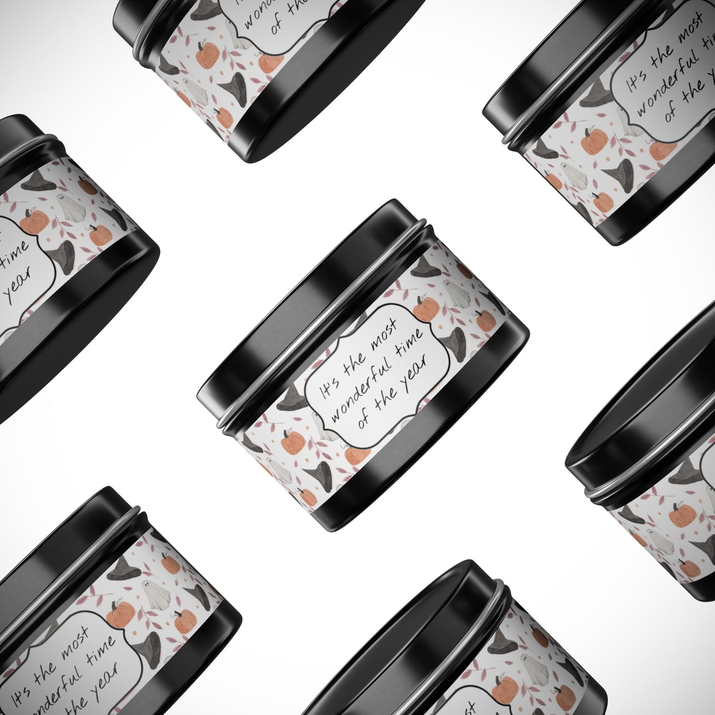 Halloween Watercolor Pattern "Most Wonderful Time of the Year" Tin Candles