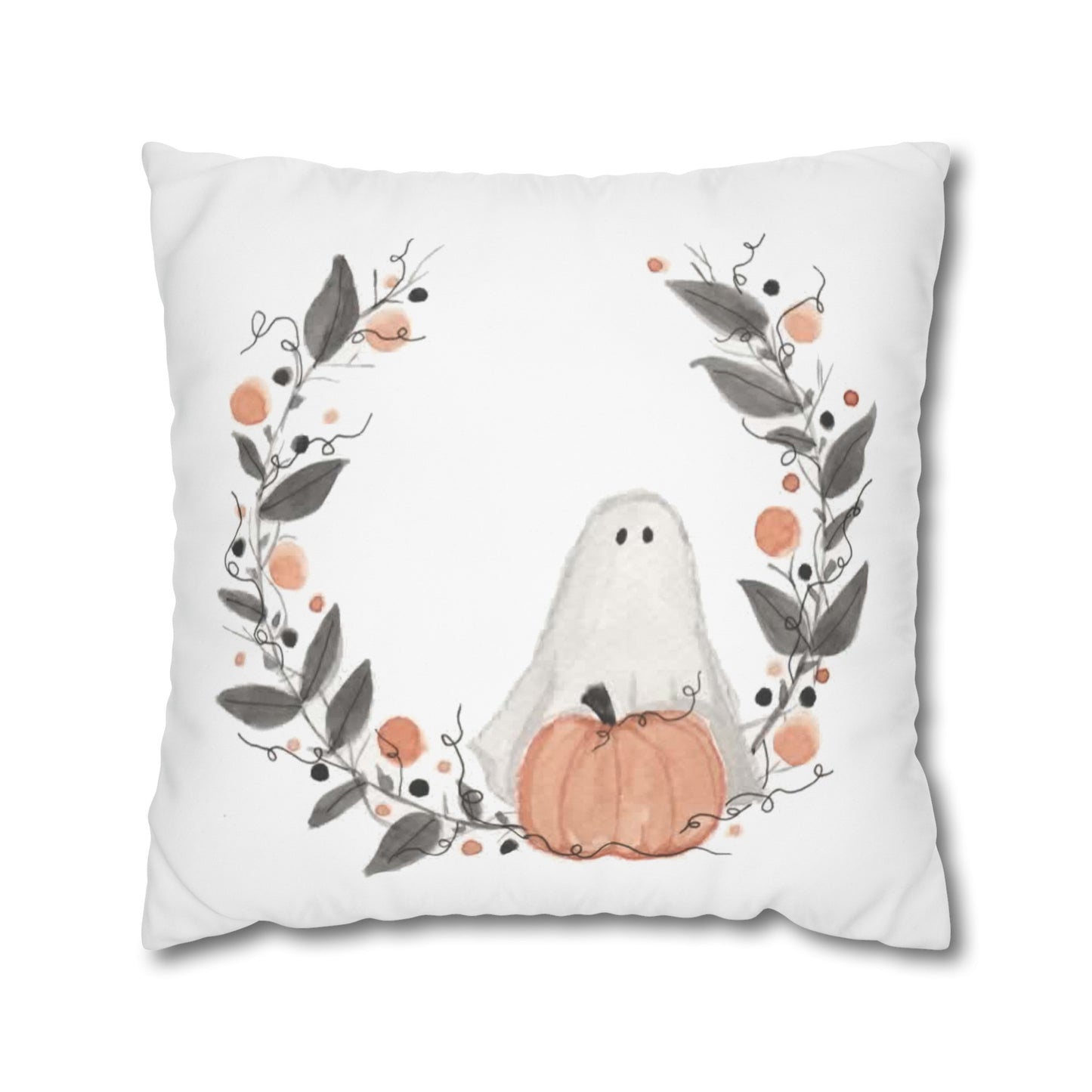 Halloween Watercolor Ghost Wreath Square Poly Canvas Pillow Cover - Pillow Not Included -