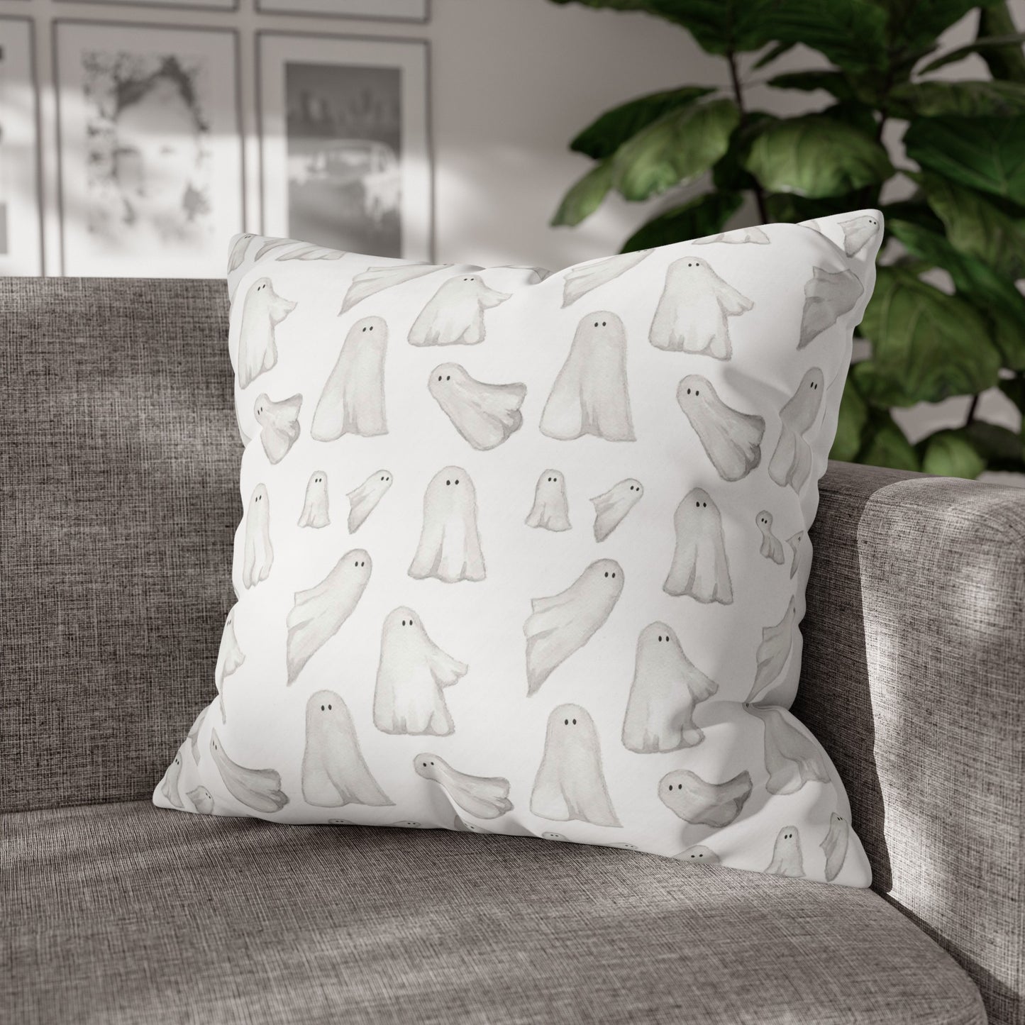 Halloween Watercolor Scattered Ghosts Square Poly Canvas Pillow Cover - Pillow Not Included -