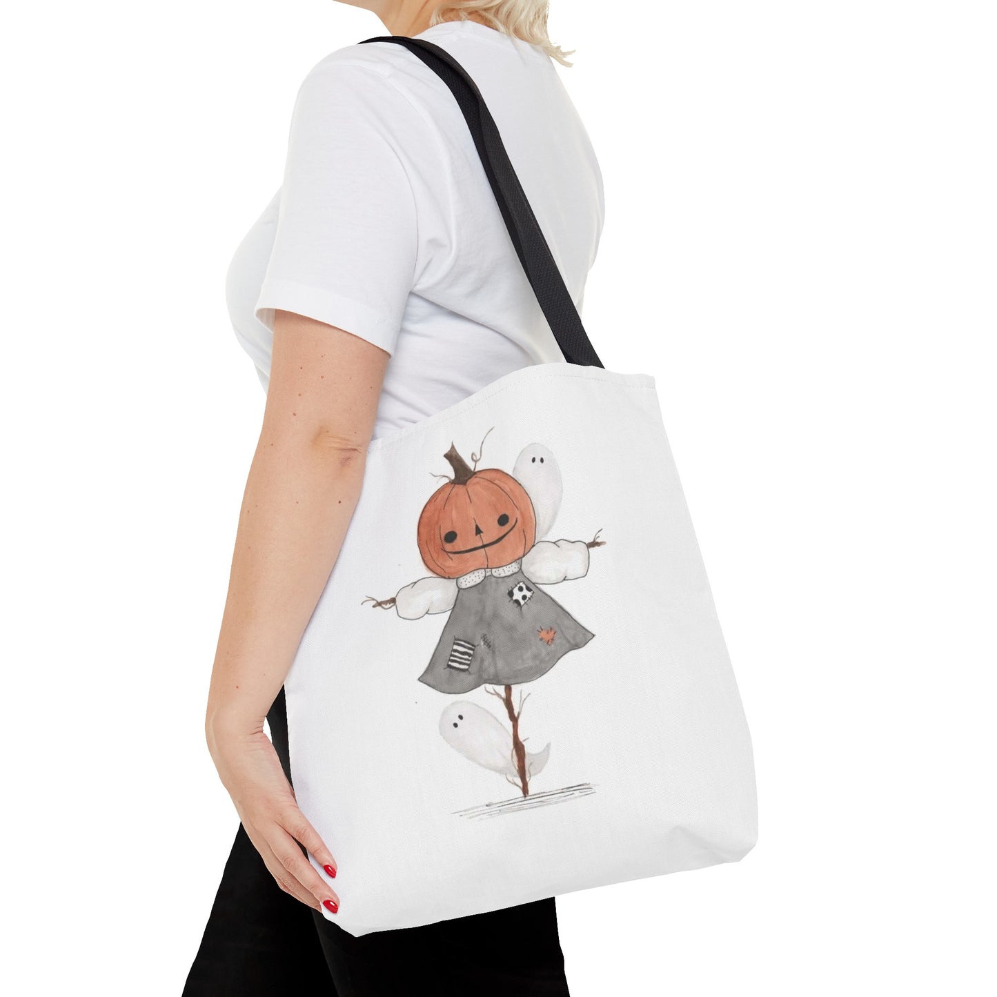 Halloween Watercolor Pumpkin Girl Scarecrow Tote Bag