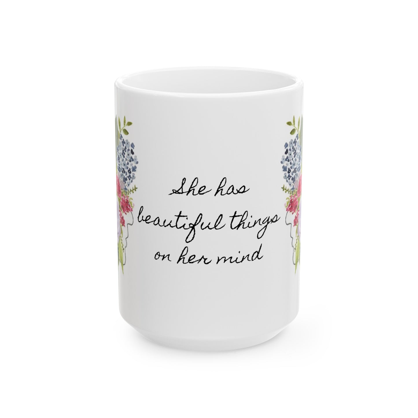 Watercolor "She Has Beautiful Things on Her Mind" Ceramic Mug, (11oz, 15oz)