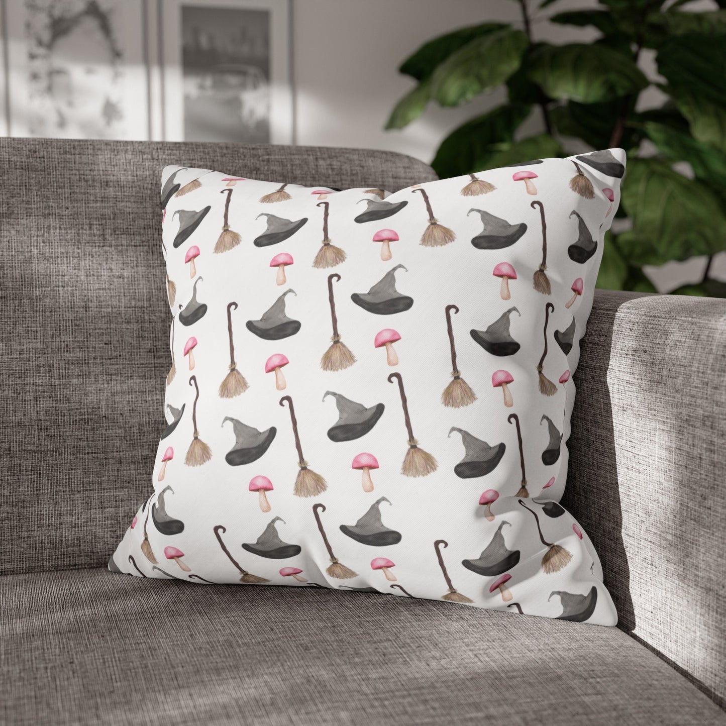 Watercolor Witchy Things Patterned Square Poly Canvas Pillow Cover - Pillow Not Included -