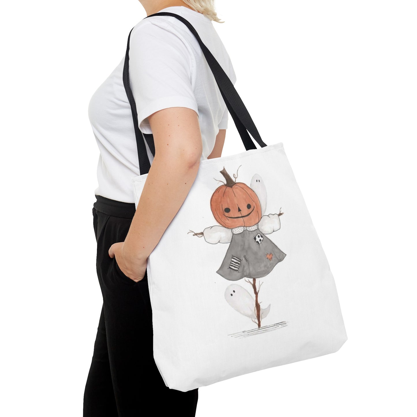 Halloween Watercolor Pumpkin Girl Scarecrow Tote Bag