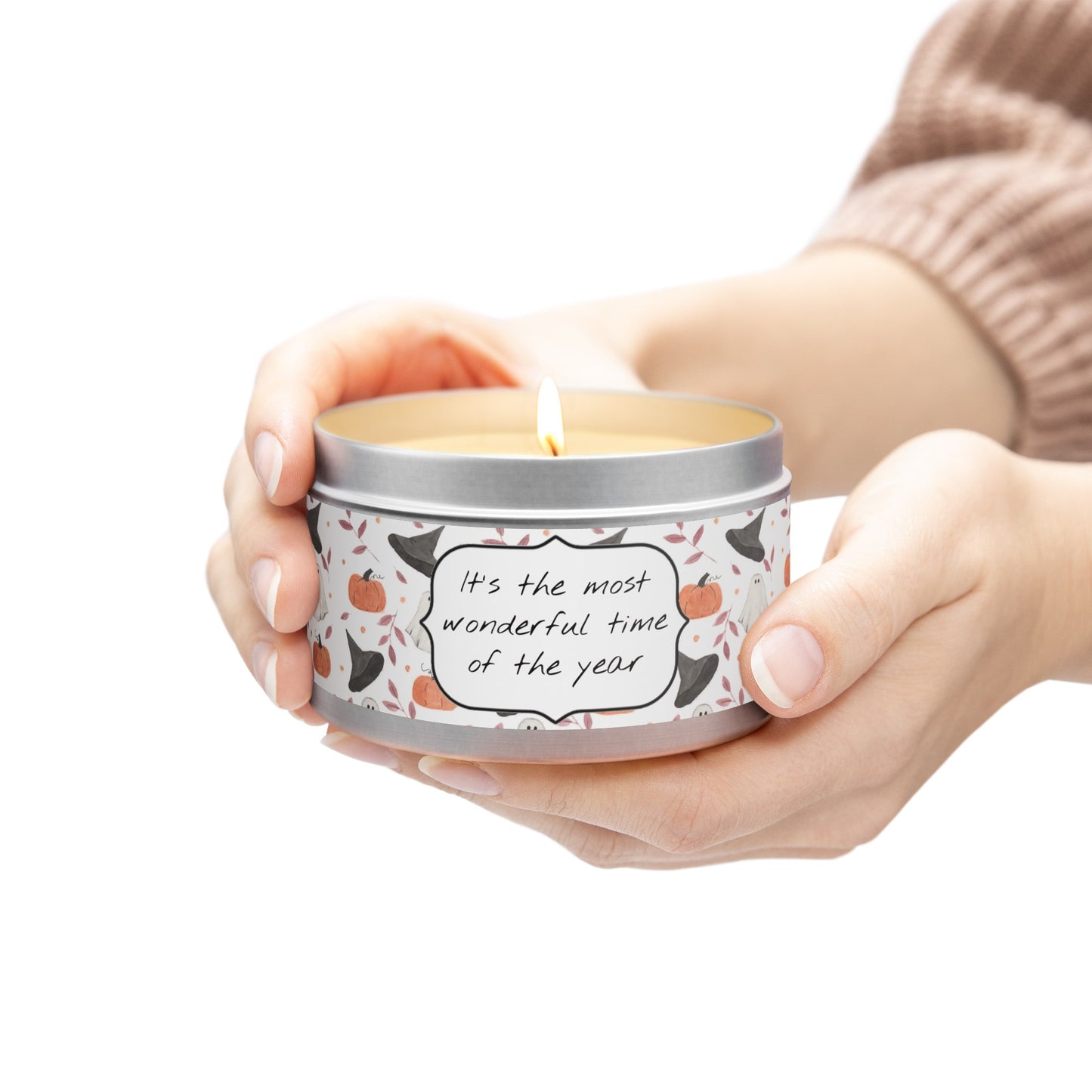 Halloween Watercolor Pattern "Most Wonderful Time of the Year" Tin Candles