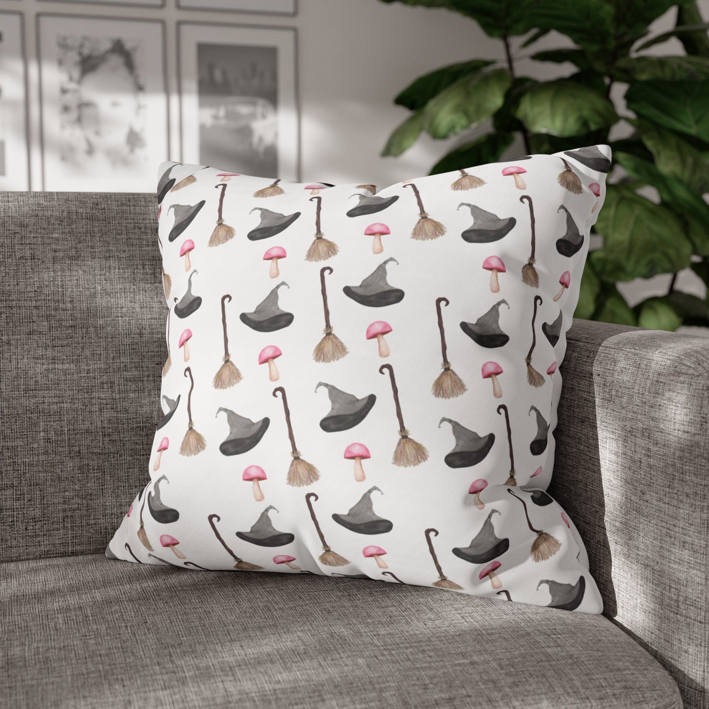 Watercolor Witchy Things Patterned Square Poly Canvas Pillow Cover - Pillow Not Included -