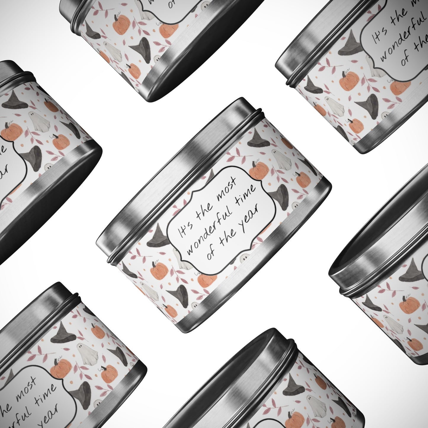 Halloween Watercolor Pattern "Most Wonderful Time of the Year" Tin Candles