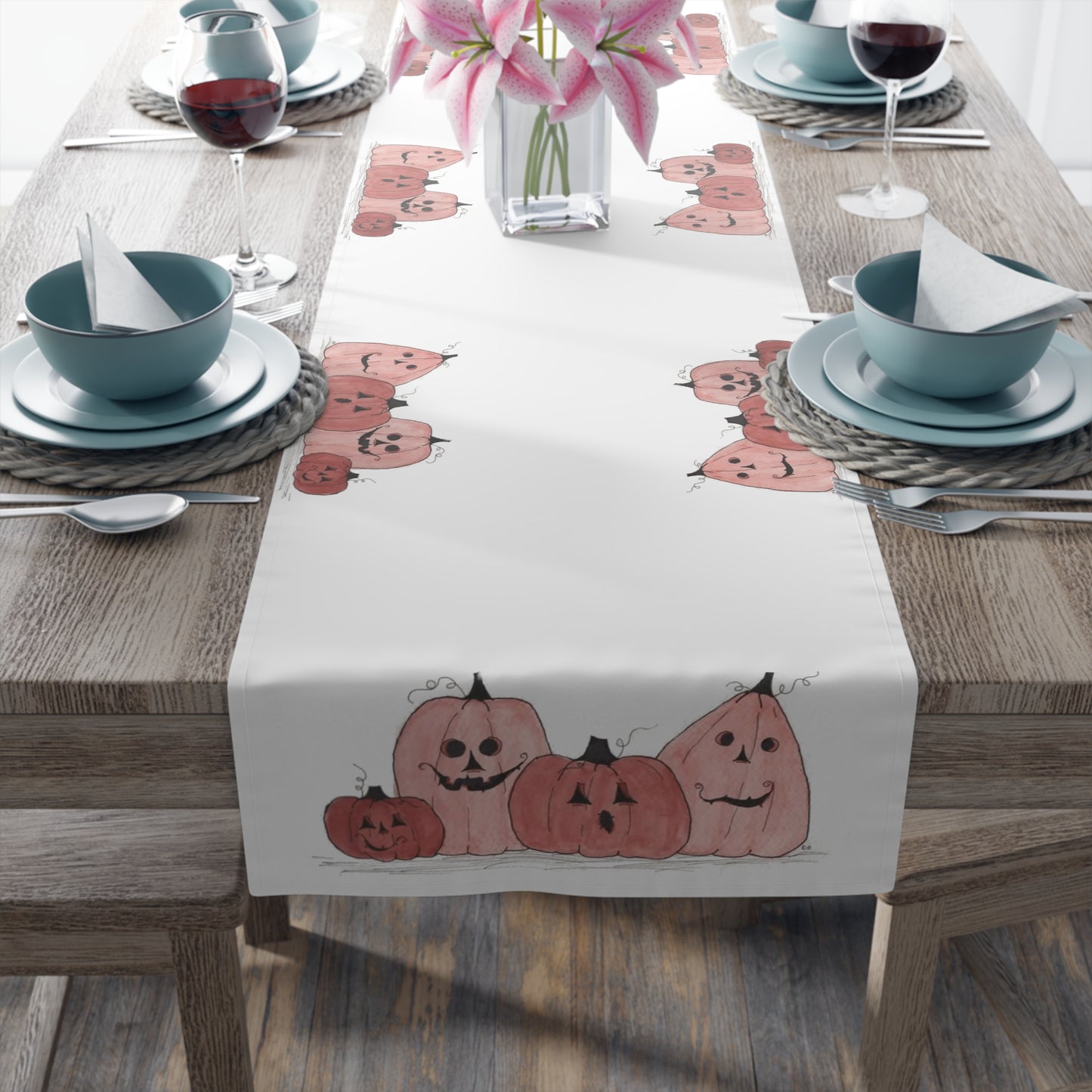 Halloween Watercolor Pumpkin Table Runner (Cotton, Poly)