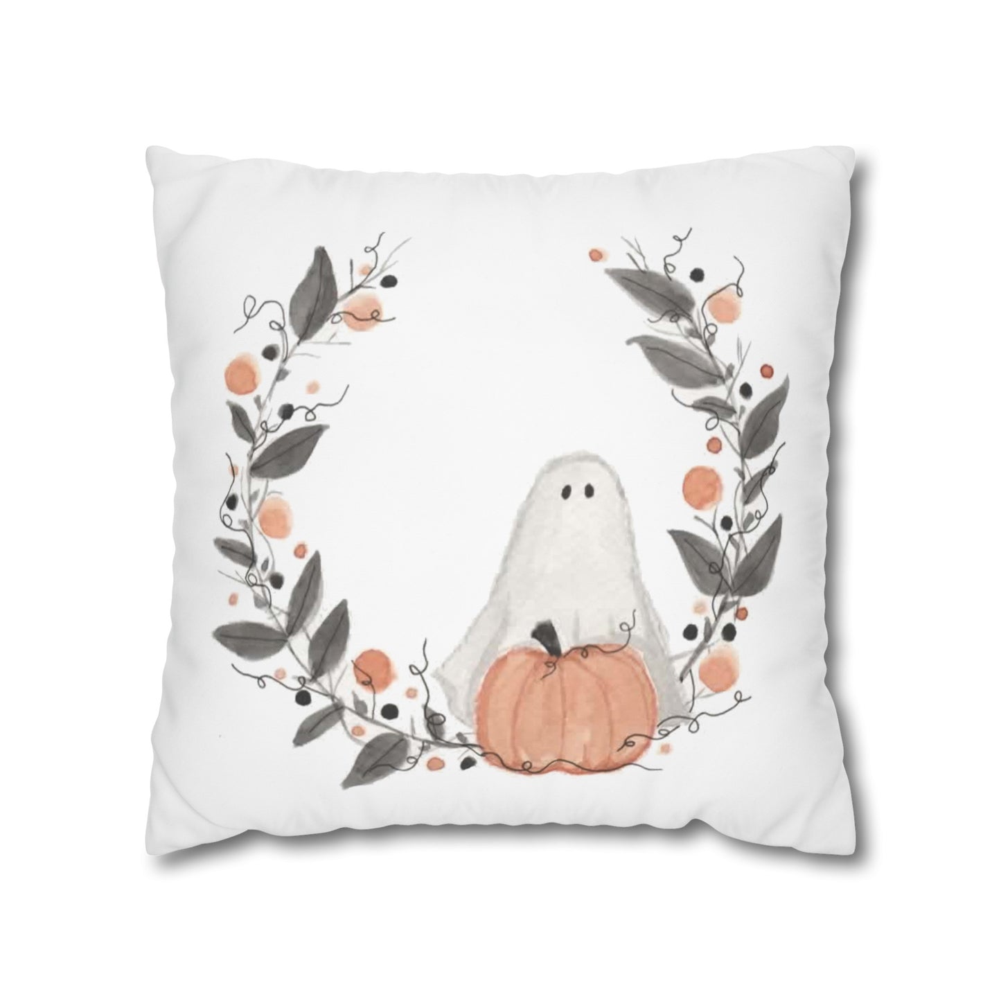 Halloween Watercolor Ghost Wreath Square Poly Canvas Pillow Cover - Pillow Not Included -
