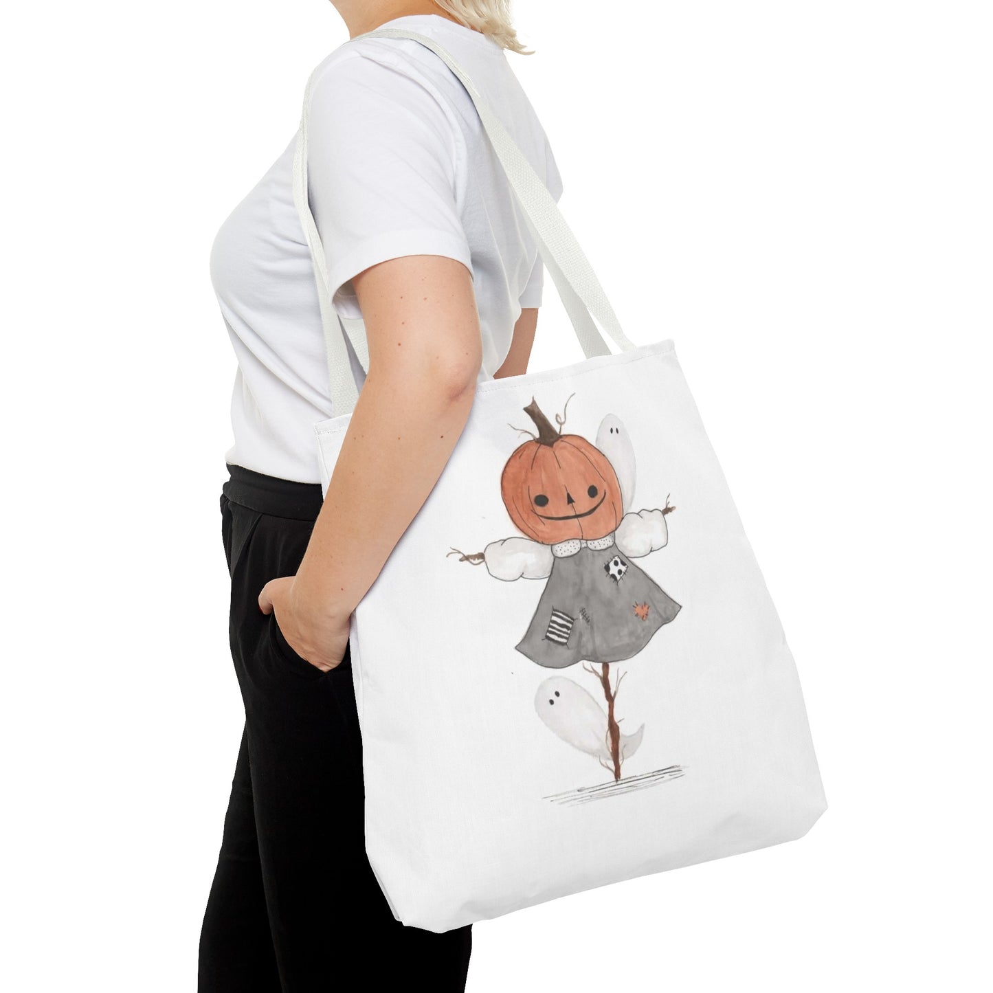 Halloween Watercolor Pumpkin Girl Scarecrow Tote Bag
