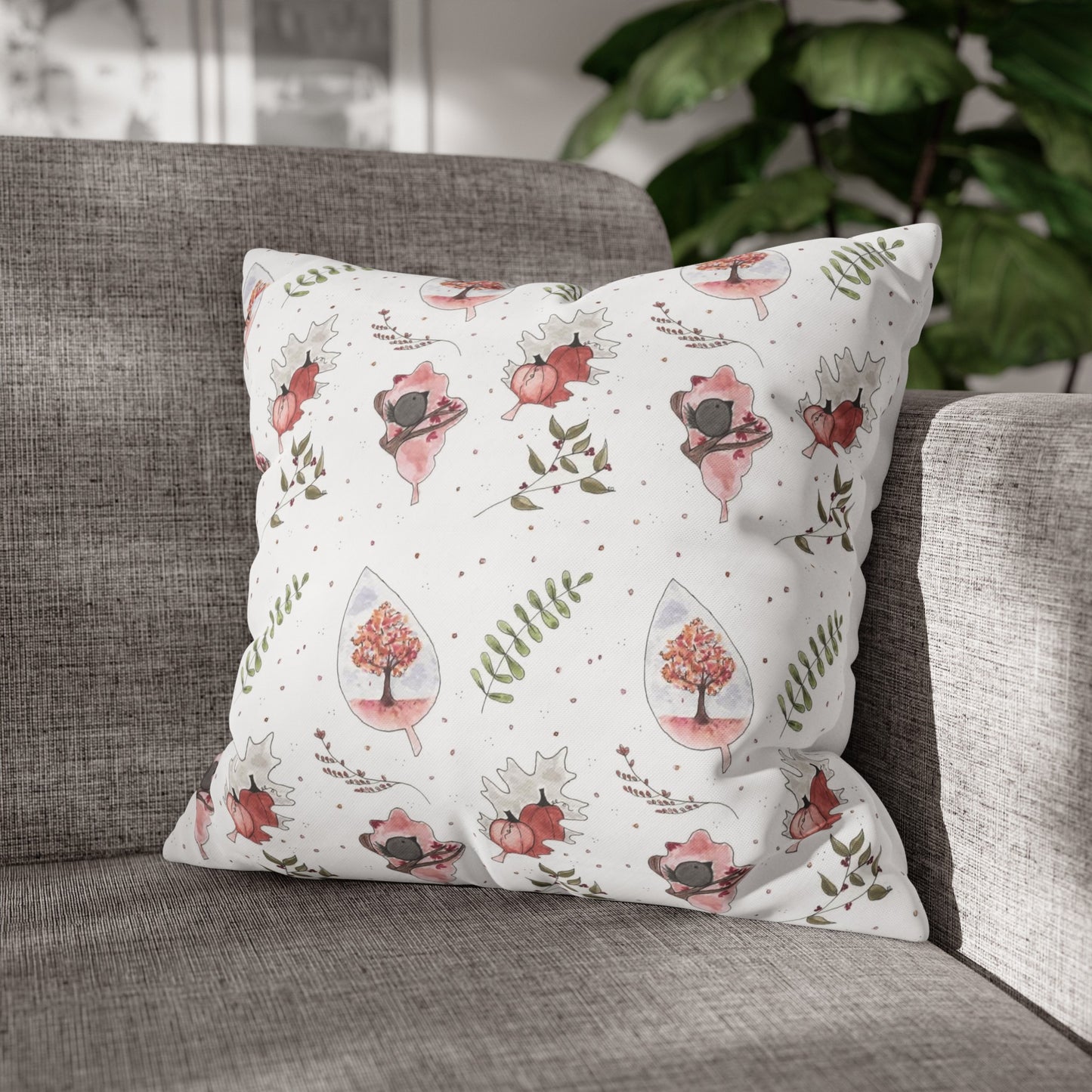 Halloween Watercolor Fall Pattern Square Poly Canvas Pillow Cover - Pillow Not Included -