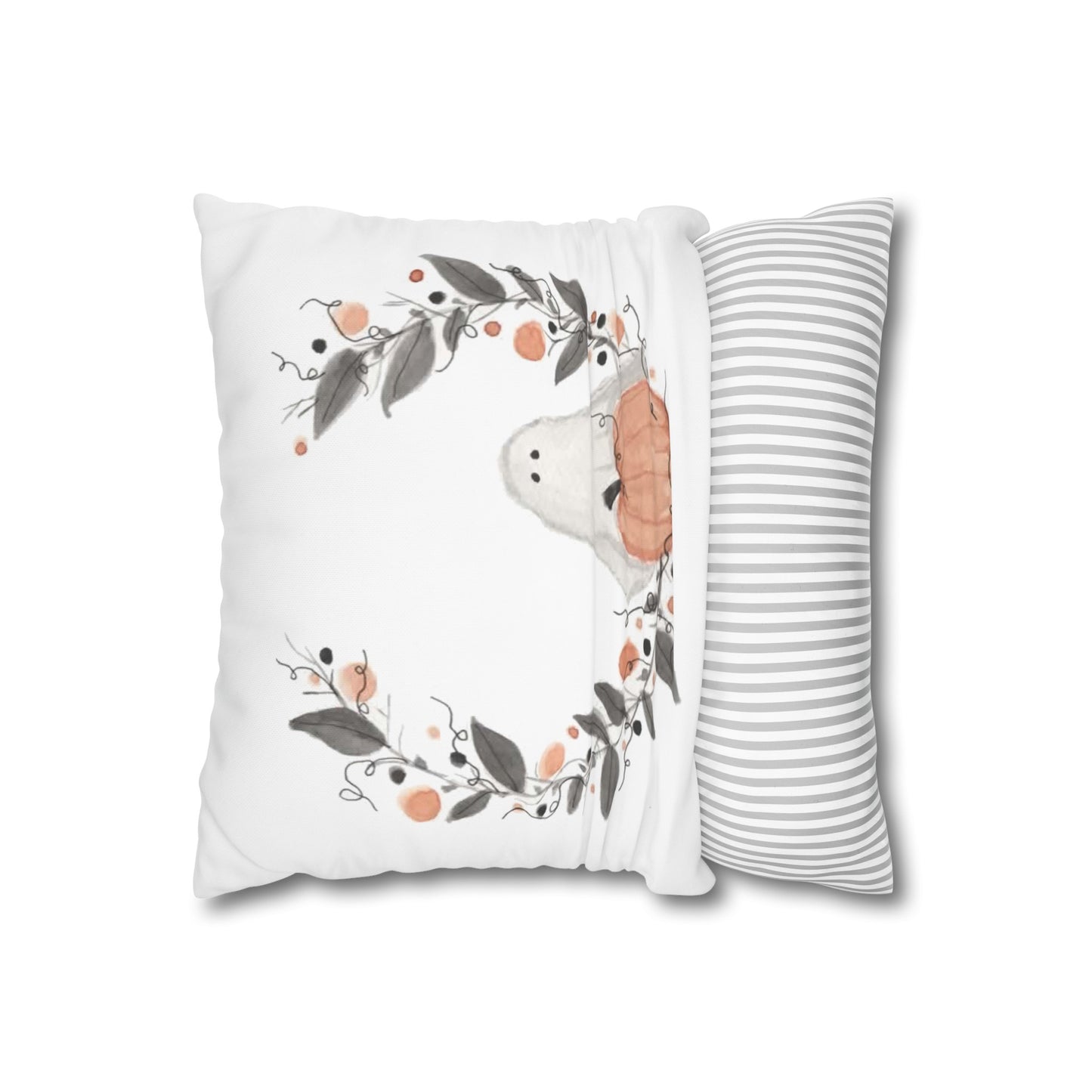 Halloween Watercolor Ghost Wreath Square Poly Canvas Pillow Cover - Pillow Not Included -