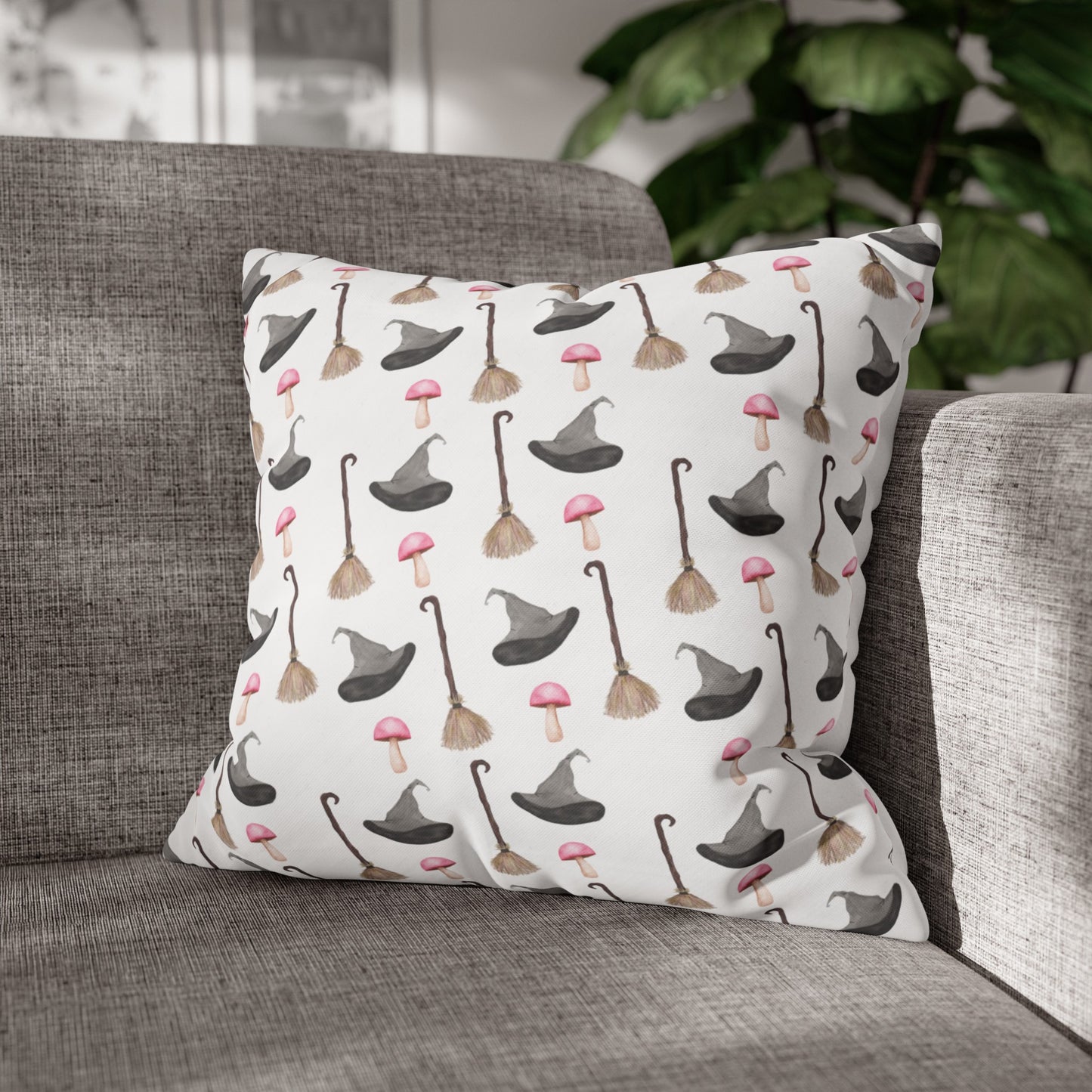 Watercolor Witchy Things Patterned Square Poly Canvas Pillow Cover - Pillow Not Included -