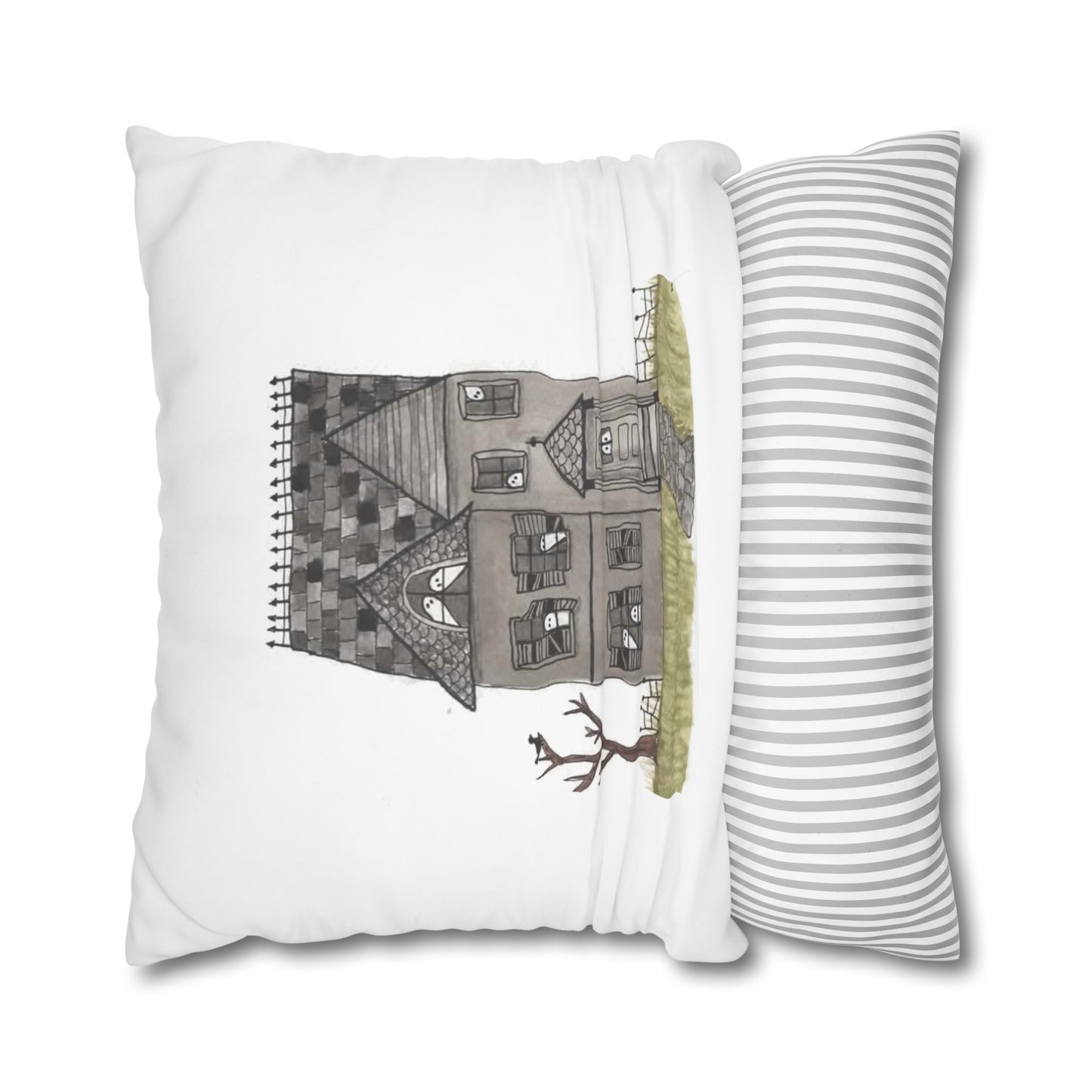 Halloween Watercolor Haunted House Square Poly Canvas Pillow Cover - Pillow Not Included -
