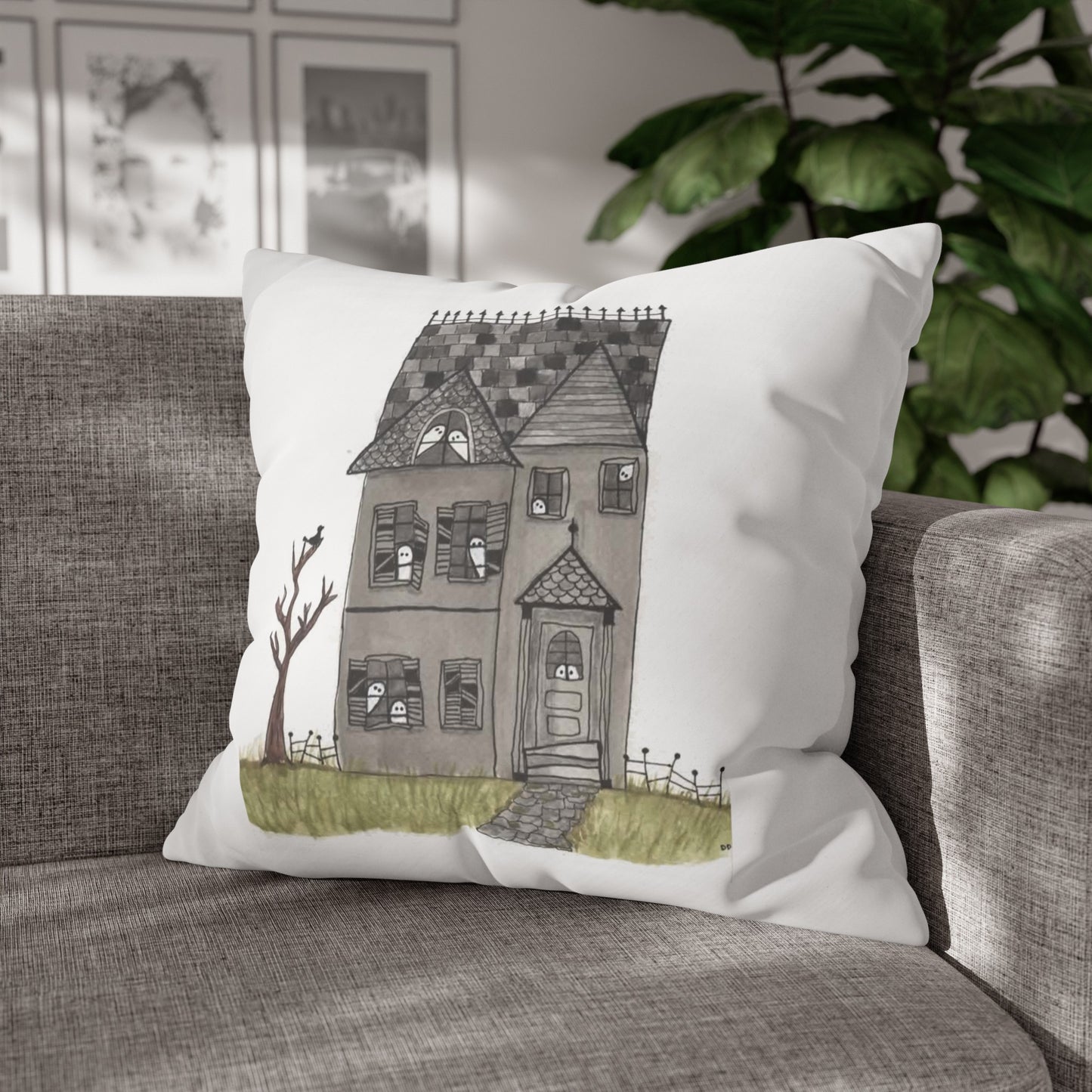 Halloween Watercolor Haunted House Square Poly Canvas Pillow Cover - Pillow Not Included -