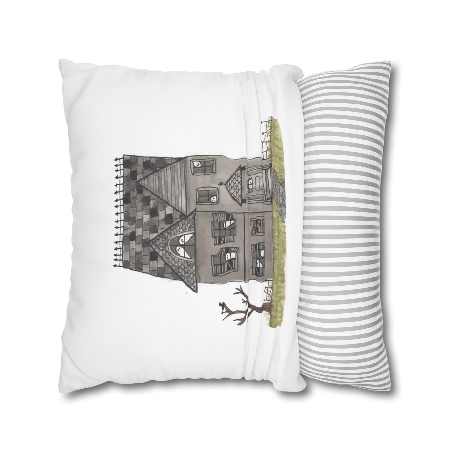 Halloween Watercolor Haunted House Square Poly Canvas Pillow Cover - Pillow Not Included -