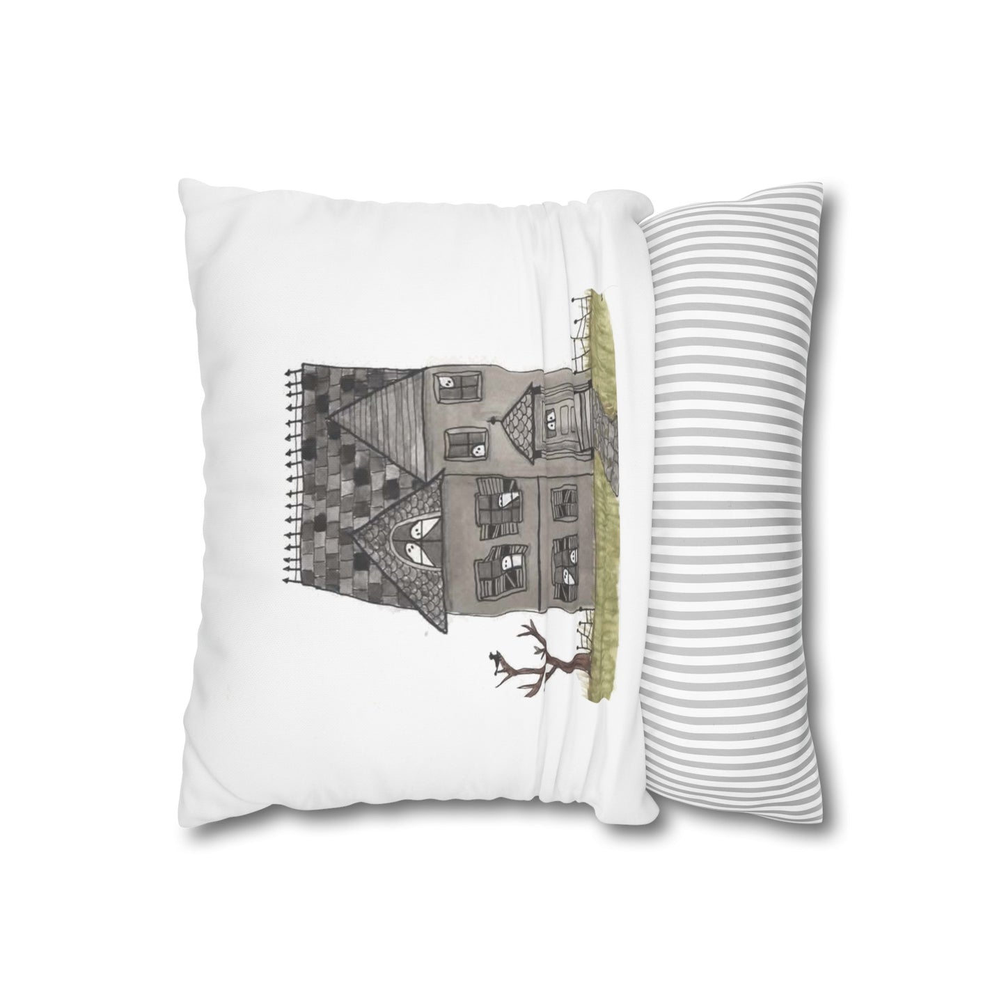 Halloween Watercolor Haunted House Square Poly Canvas Pillow Cover - Pillow Not Included -