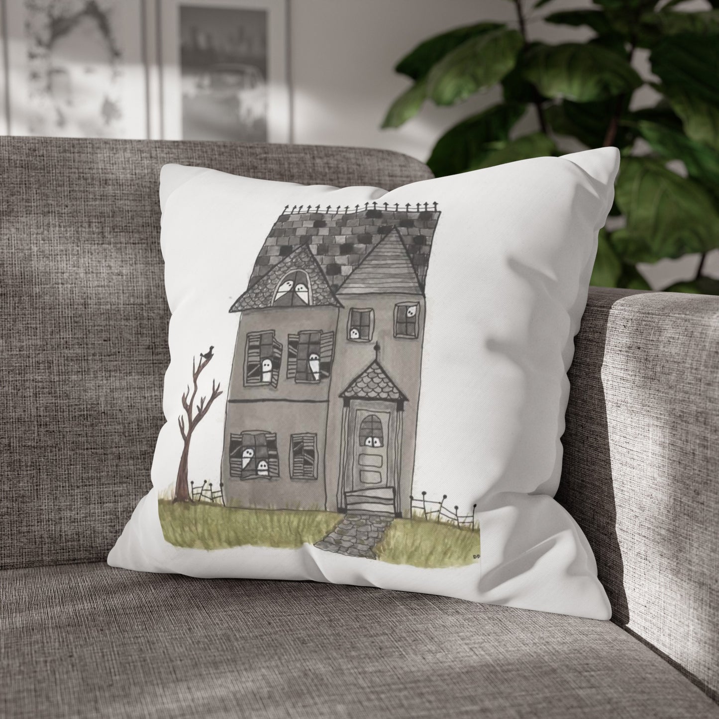 Halloween Watercolor Haunted House Square Poly Canvas Pillow Cover - Pillow Not Included -