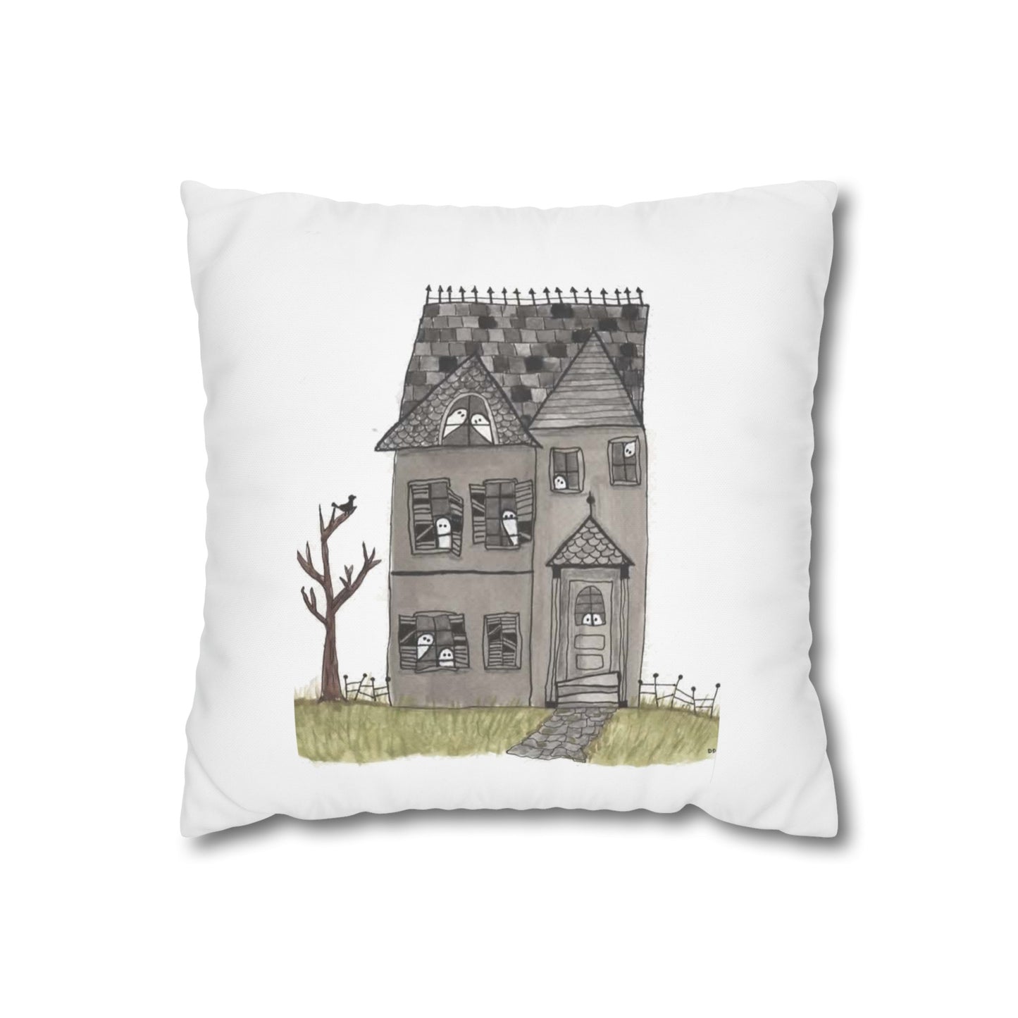 Halloween Watercolor Haunted House Square Poly Canvas Pillow Cover - Pillow Not Included -