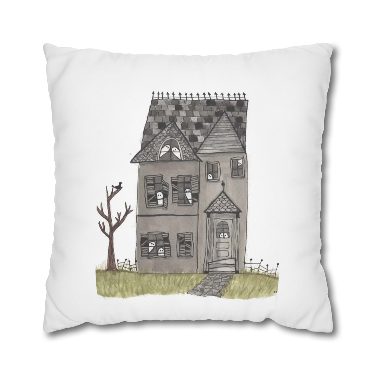 Halloween Watercolor Haunted House Square Poly Canvas Pillow Cover - Pillow Not Included -