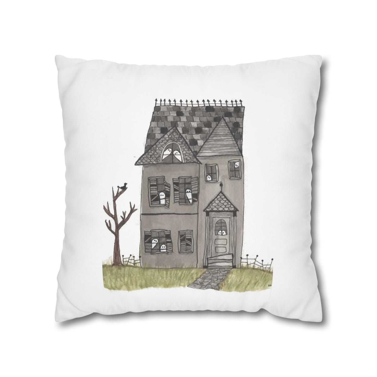 Halloween Watercolor Haunted House Square Poly Canvas Pillow Cover - Pillow Not Included -