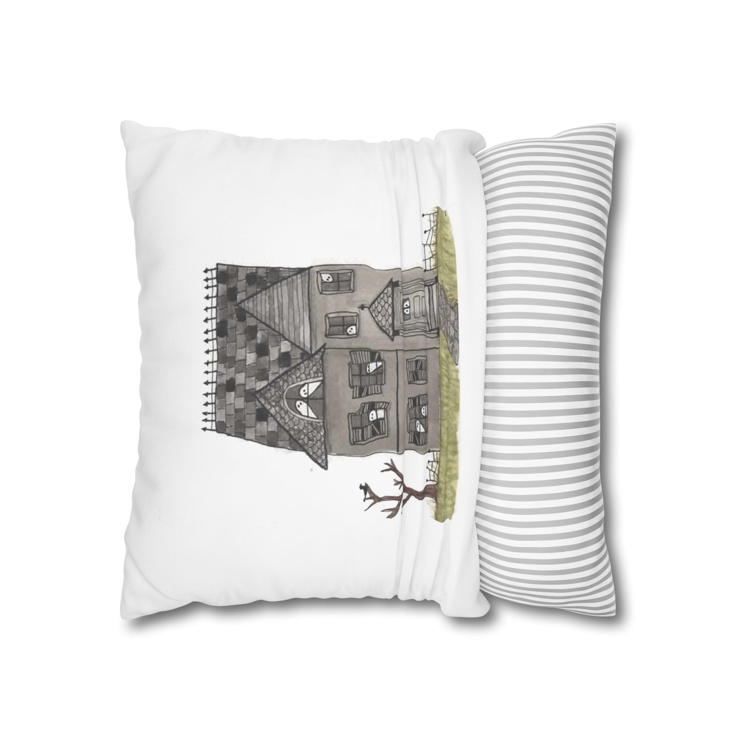 Halloween Watercolor Haunted House Square Poly Canvas Pillow Cover - Pillow Not Included -