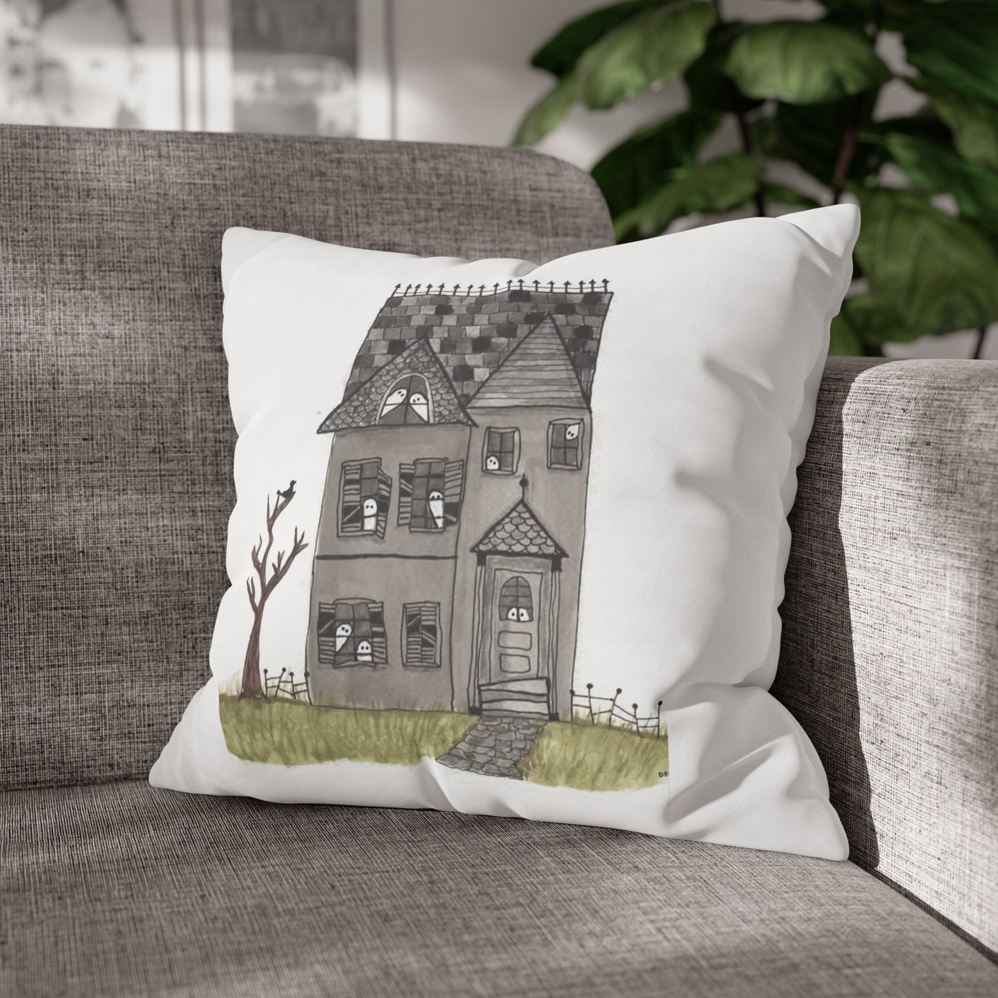 Halloween Watercolor Haunted House Square Poly Canvas Pillow Cover - Pillow Not Included -