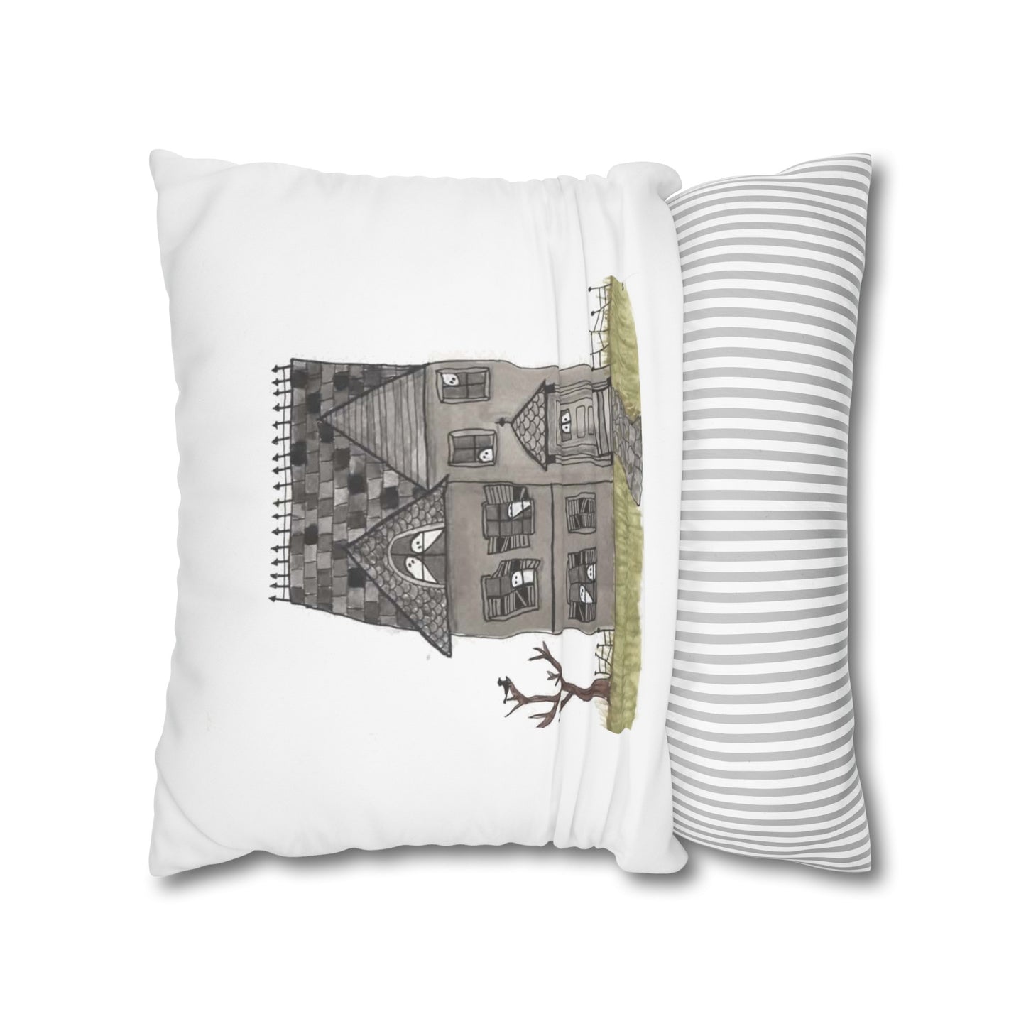 Halloween Watercolor Haunted House Square Poly Canvas Pillow Cover - Pillow Not Included -